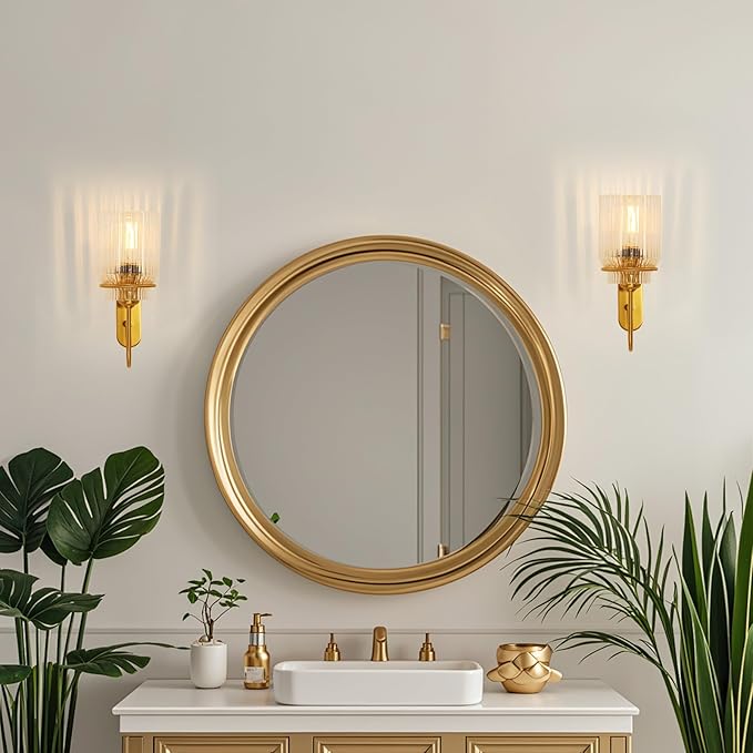 Gold Bathroom Sconces Set of 2, Modern Wall Sconce with Clear Glass Shade, Indoor Farmhouse Wall Sconce for Living Room, Bedroom, Hallway, Stairwell and Kitchen