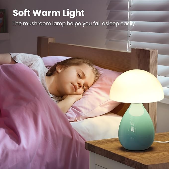 Mushroom Side Table Lamp, Mini Modern Lamp Small Vintage Table Bedside Nightstand Light, Small Light Dimmable for Bedroom, Living Room, Ceramic Base Glass Led Home Decor for Woman Gifts
