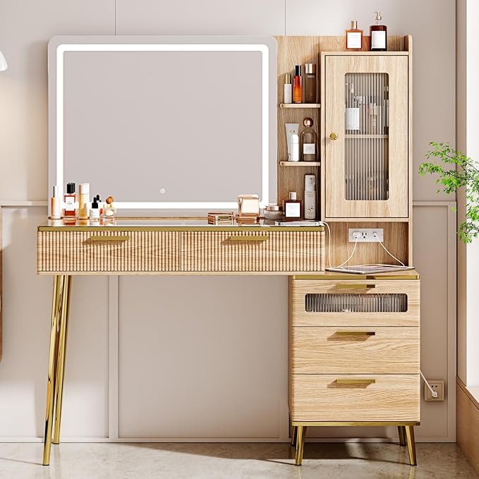 47.24" Big Modern Vanity Desk with Mirror and Lights, Vanity Desk with 29.53" HD Lighted Mirror, Makeup Vanity with 5 Drawers and Storage Shelves and Charging Station, Oak2