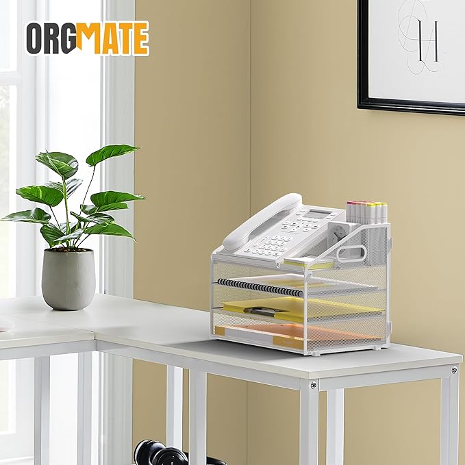 Letter Tray Paper, 4 Tier Desk Organizer with Pen Holder and Handle, Mesh File Organizer Paper Sorter Metal Desktop Document Shelf for Office Home Classroom - White