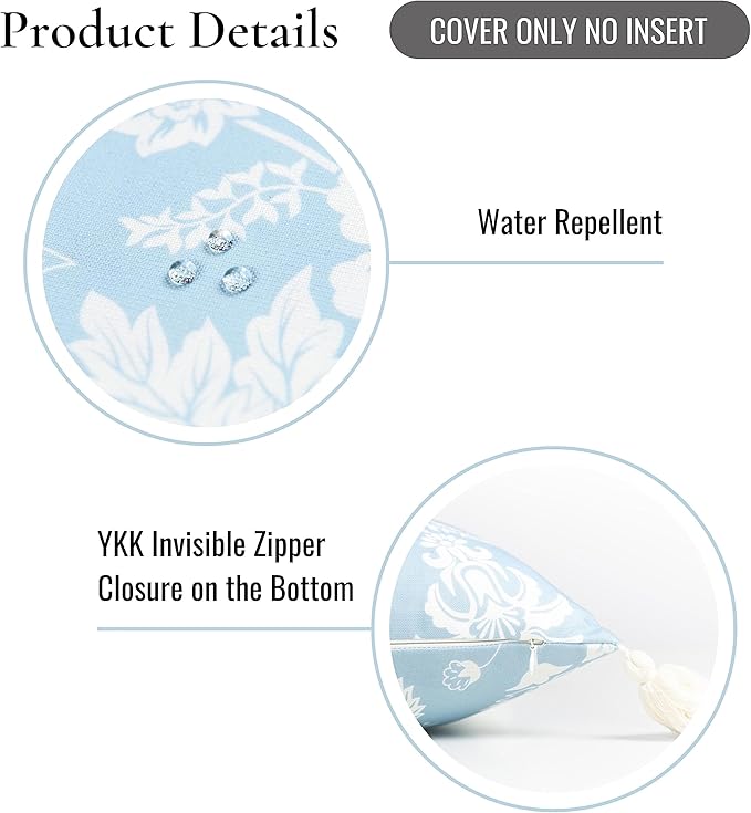 Hofdeco Premium Coastal Hampton Style Patio Indoor Outdoor Throw Pillow Cover Only, 18"x18" Water Resistant for Backyard, Couch, Baby Blue Floral Tassel