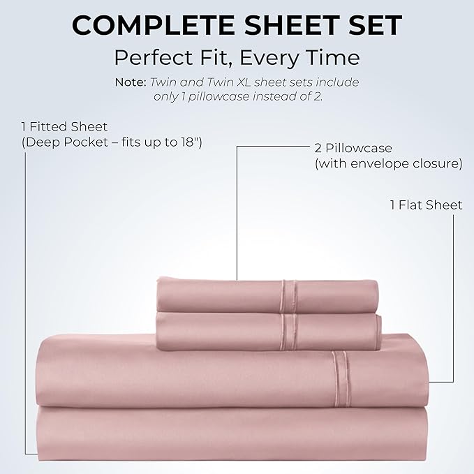 100% Natural Cotton Bed Sheets | 500 TC Single-Ply Sateen Weave Cal King Sheet Set | Breathable & Hypoallergenic Solid 4-Piece Bedding with Deep Pocket Fitted, Flat, Pillowcase | Blush