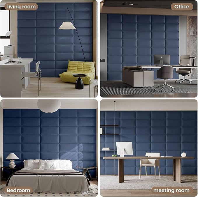 Blue Upholstered Wall Panels, 12-Pack, 24x12 Inches, Faux Leather Soundproof Padding for Bedroom Décor, DIY Headboard Installation for Queen, King, or Full Beds, Modern Style, Easy to Maintain