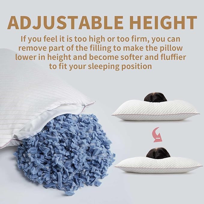 Pillows King Size Set of 2 Cooling Shredded Memory Foam Pillows 2 Pack for Sleeping for Side Back Stomach Sleepers