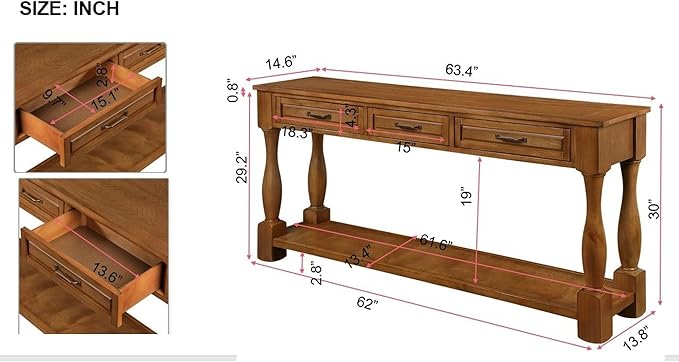 63inch Solid Wood Console Table with 3 Drawers and 1 Bottom Shelf Extra-Thick Sofa Table(Brown)