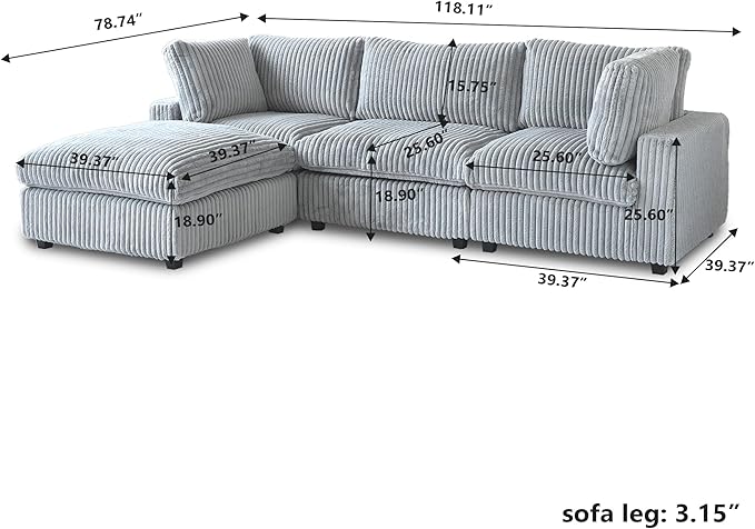 JACH 118" L Shape Sectional Couch, Convertable Modular Couches with Chaise Ottoman, Modern Deep Seat Sofas, Sofa Covers Washable, Minimalist Plush Couch for Living Room, Apartment, Light Grey
