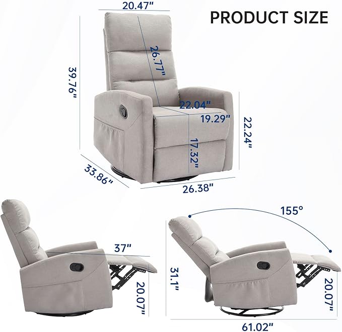 360° Swivel Recliner Chairs for Small Spaces, A Recliner with Side Pockets, Small Rocker Recliner for Living Room, Bedroom, Light Gray Recliner Chair for Adults