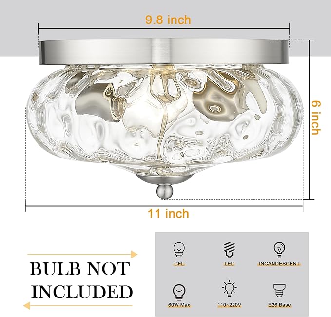 Darkaway Ceiling Light Fixtures Flush Mount Indoor Outdoor Ceiling Light with Water Ripple Glass Shade for Hallway Kitchen Bedroom Porch Living Room Nickel Finish