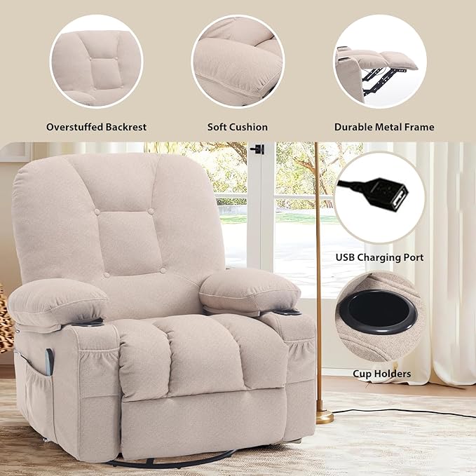 Massage Recliner Chairs for Adults, Rocker Recliners with Massage and Heat, Fabric Overstuffed Swivel Glider with Cup Holder Side Pocket, Manual Rocking Sofa Chair for Living Room, Beige