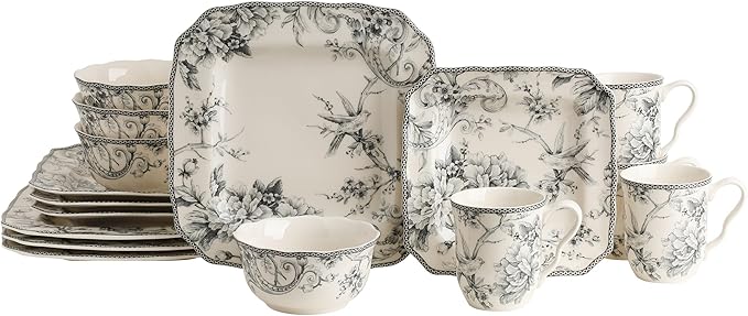 222 Fifth Adelaide 16-Piece Square Floral Dinnerware Set – Service for 4, Grey & White Porcelain Plates & Bowls, for Everyday Dining & Entertainment, Microwave & Dishwasher Safe, Chip Resistant