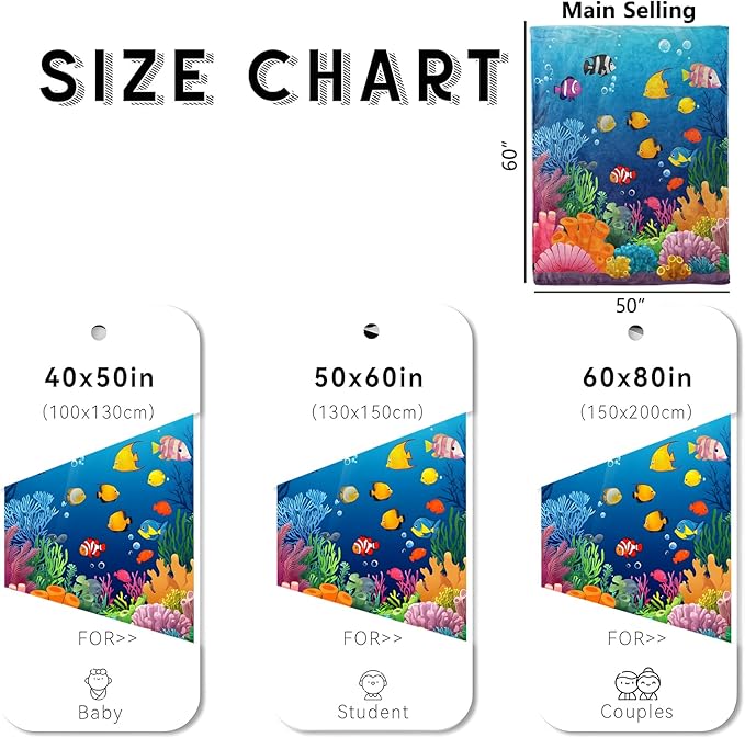 Colorful Fish Blanket, Cozy Flannel Cartoon Tropical Fish Throw Blanket for Couch Outdoor, Plush Soft Lightweight Travel Ocean Blankets for Bed Decor and Gifts, for Women Adults Kids 40"x50"