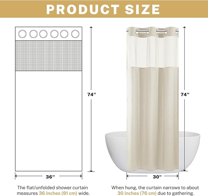 Stall No Hook Shower Curtain with Snap in Liner, Polyester Textured Shower Curtain with Liner Set, Waterproof Washable Hotel Style Shower Curtains for Bathroom, 36Wx74H, Cream