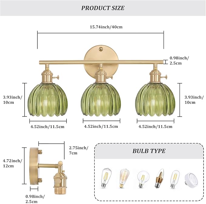 Bathroom Light Fixtures, 3-Light Brass Vanity Wall Light Over Mirror with Green Tulip Glass Shade for Bedroom Living Room