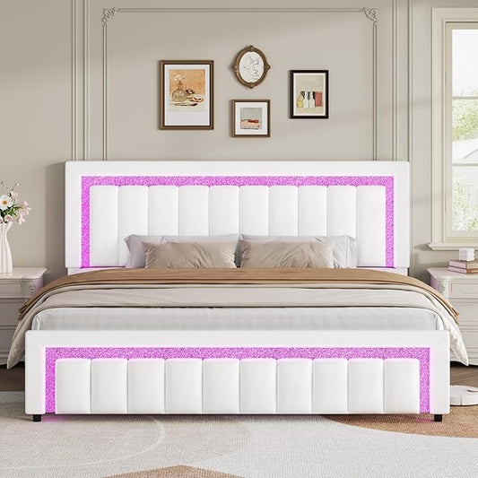 HOMBCK King Size Bed Frame with LED Lights and Velvet Upholstered Headboard, Bed Frame King with Modern Diamond Headboard Adjustable, Wooden Slats Support, Noise Free, No Box Spring Needed, White