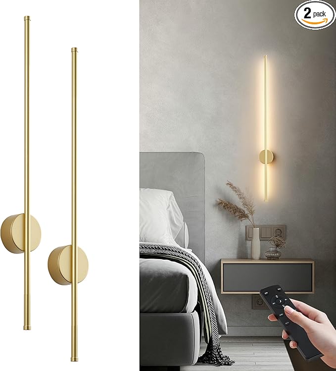 Battery Operated Modern Wall Sconces,Dimmable Wireless Wall Light Set of Two with Remote Control,3 Color Temperatures,Rechargeable LED Wall Sconce for Bedroom,Living Room,Hallway,39.3 Inch, Gold