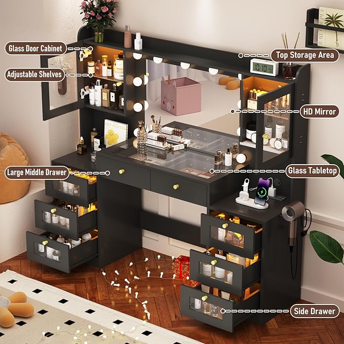 62" Large Makeup Vanity Desk with Mirror and Lights, Glass Top Vanity Table with Power Outlet & Lighted Glass Cabinet , 8 Drawers, Dressing Table with 3 Colors Lights for Bedroom Dressing Room, Black