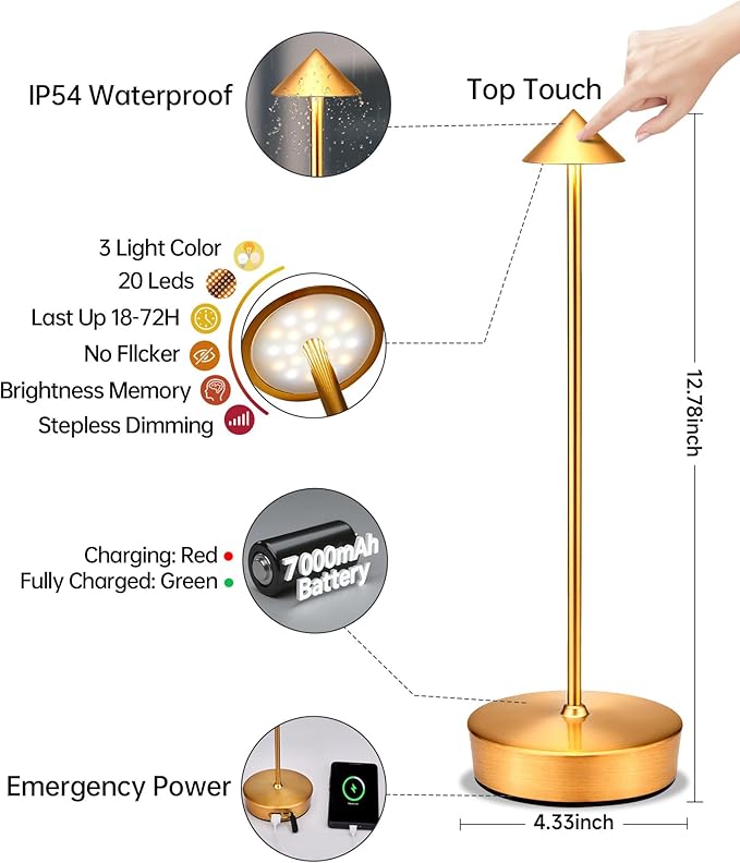 Cordless Led Table Desk Lamp 2 Pack, 7000mAh Battery Outdoor Table Light Waterproof for Restaurant Patio Camping Home Decor, USB-A Output, Brightness Memory, Dimmable