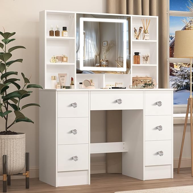 Large Vanity Table, Makeup Vanity with Mirror and LED Lights, 7 Drawers 8 Open Shelves, Crystal Handle, Hollywod Vanity Table for Girls and Women,100 * 40 * 140cm, Modern White