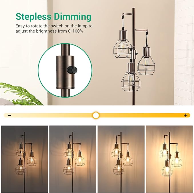 EDISHINE Dimmable Industrial Floor Lamp, Farmhouse Standing Lamp for Living Room, Bedroom, 3 LED Edsion Bulbs Included, Rotary Switch, 65in Rustic Tree Reading Lamps for Study Room, Office - Brown