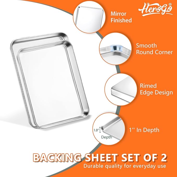 Herogo Nonstick Stainless Steel Baking Sheet Pan Set, Rectangle Cookie Sheet Bakeware Set for Oven, 2 Pack Multipurpose Kitchen Cookware, Non Toxic & Heavy Duty & Easy Clean- Small & Medium
