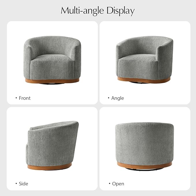 HULALA HOME Chenille Swivel Accent Chair, Fully Assembled, Comfy Upholstery Barrel Armchair with Sturdy Solid Wood Base, Grey