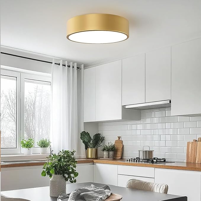 Modern Gold Flush Mount Light, 12 Inch 2-Light Round Close to Ceiling Fixture, Minimalist Lamp for Foyer, Hallway, Kitchen Island, Bedroom, Laundry, Bathroom
