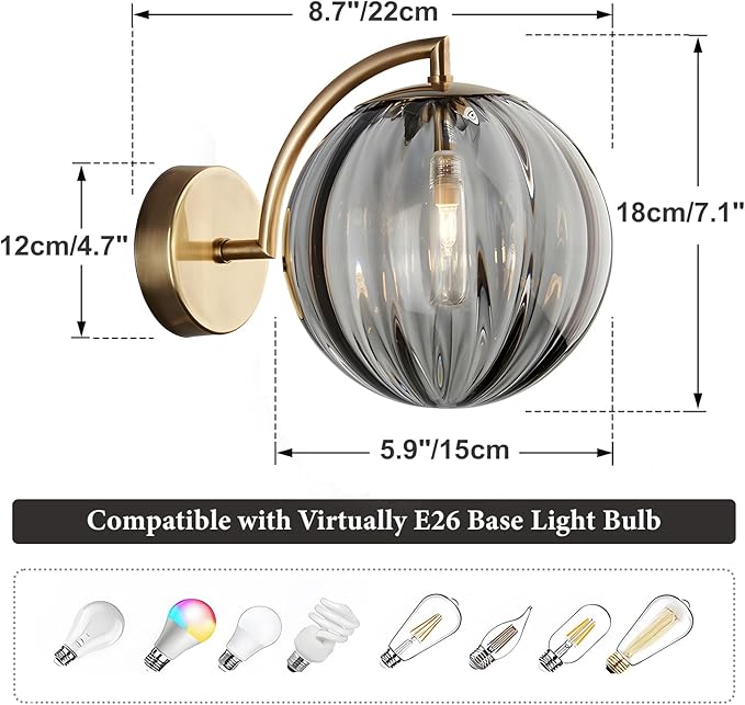 KCO Lighting 1-Light Smoked Glass Wall Sconces Brushed Brass Wall Sconce Light Gold Globe Wall Light Fixtures Vintage Bathroom Wall Lamp Modern Round Wall Sconce