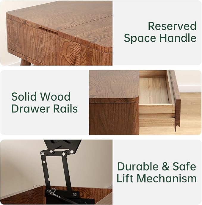 Lift Top Coffee Table, 100% Solid Oak Wood Walnut Coffee Table with Drawers and Hidden Compartments, Rectangular Coffee Tables with Storage for Living Room Home Decor (39.37" L x 21.65" W x 25.59" H)