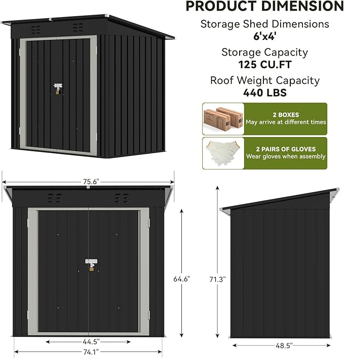 COMHOMA Shed Outdoor Storage Shed Metal,Lockable Doors Tool Sheds with Sloping Roof,Steel Garden Shed with Air Vent for Backyard,Patio,Lawn,Poolside (Black, 6'*4')