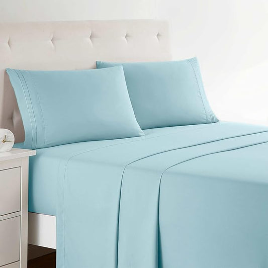 Clara Clark Bed Sheets, Premier 1800 Series 4 Piece Bed Sheet Set, Deep Pocket, Wrinkle, Fade, Stain Resistant, Luxury Soft Bedding Sheets & Pillowcases, Full, Light Blue Aqua