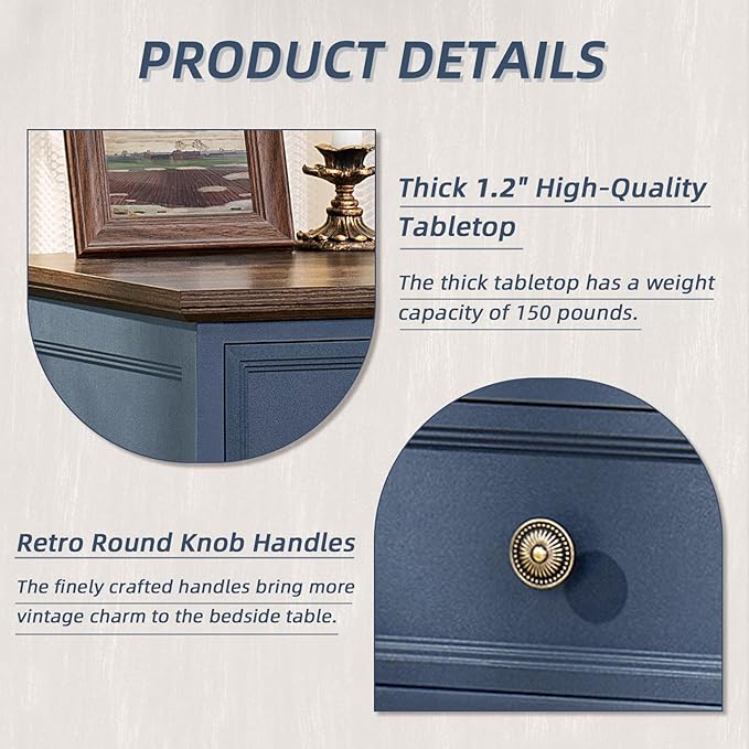 24" Wide Farmhouse Night Stand Set of 2,Large End Table with 3 Drawers & Metal Handle,Blue Dresser for Bedroom,Bed Side Table Chest of Drawers Cabinet,Wood Nightstand for Living Room,Closet