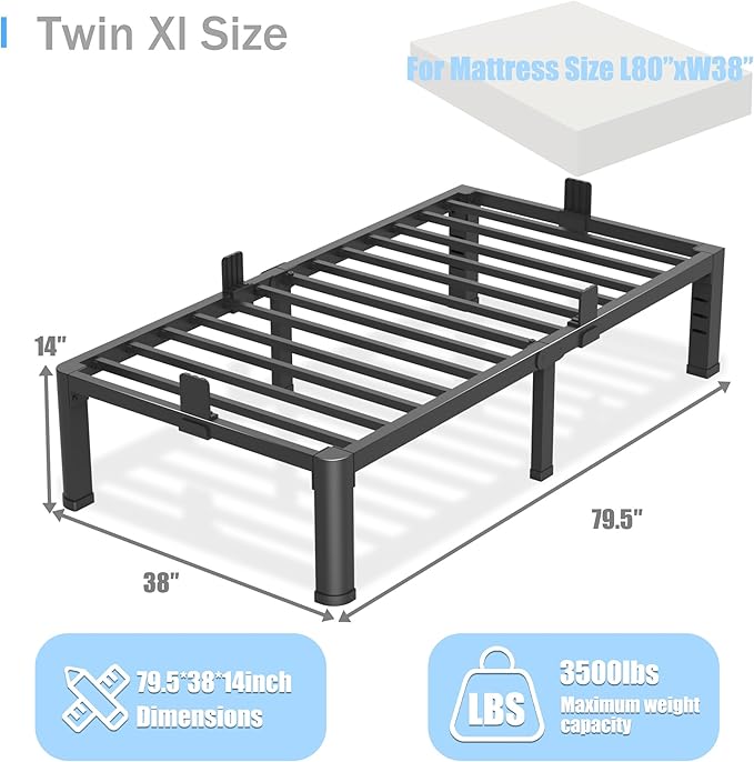 14 inch Twin XL Bed Frame with Rounded Corner Legs and Headboard Hole Mattress Slide Stopper 3500 LBS Heavy Duty Support Metal Platform,No Box Spring Needed, Noise Free,Easy Assembly