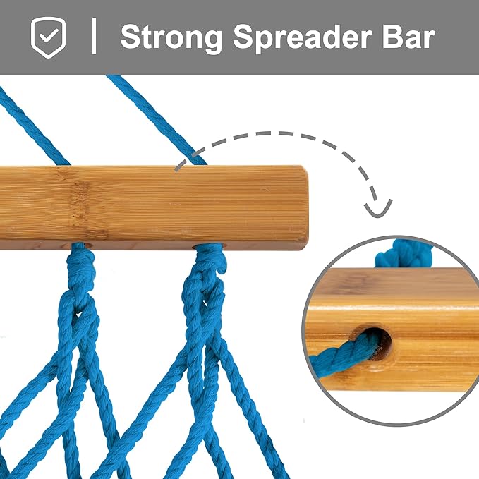 SUNCREAT Polyester Rope Hammock with Bamboo Spreader Bar, Carrying Bag, 450 lbs Capacity, Two Person Hammock with Tree Hooks, Blue