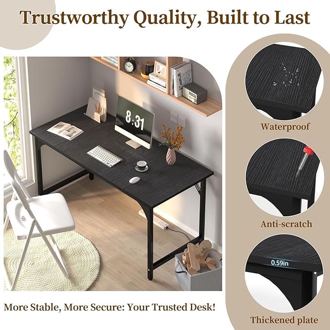 55'' Computer Desk with Deeper Desktop, Home Office Desk Workstation with Sturdy Metal Frame, Modern Simple Desk for Gaming Studying Writing, Black