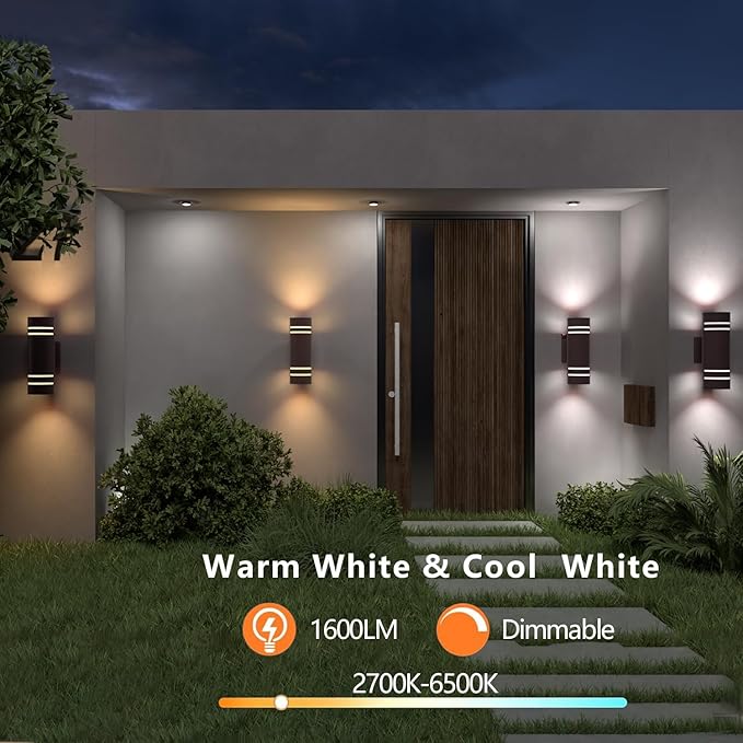 Smart Outdoor Wall Lights Color Changing 2 Pack, RGB+2700K-6500K Modern Exterior Lighting Fixtures Cylinder Outside Wall Sconce with Glass, WiFi APP Control Up Down Outdoor Porch Lights