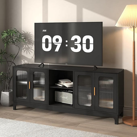 65 Inch Black TV Stand for TVs up to 70+ inch, Mid Century Modern Glass Door TV Console Table, Entertainment Center with Storage Cabinet, Wood Media Console for Bedroom, Living Room (Black)