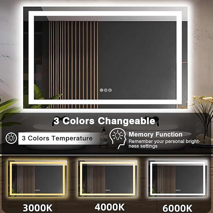 55"x36" LED Bathroom Mirrors for Wall, Front and Backlit Mirror, Anti-Fog Light up Mirror, Stepless Dimmable Lighted Mirror, 3 Colors Smart (Horizontal/Vertical)