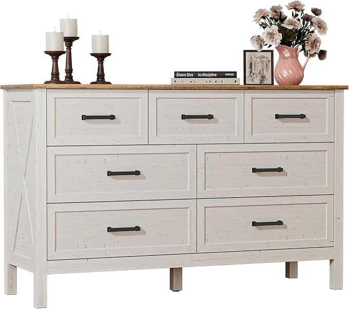 LYNSOM Farmhouse 7 Drawers Dresser for Bedroom, Wood Rustic Wide Chest of Drawers with Deep Drawers, Metal Handle, Storage Dressers Organizer for Entryway, Hallway, Antique White