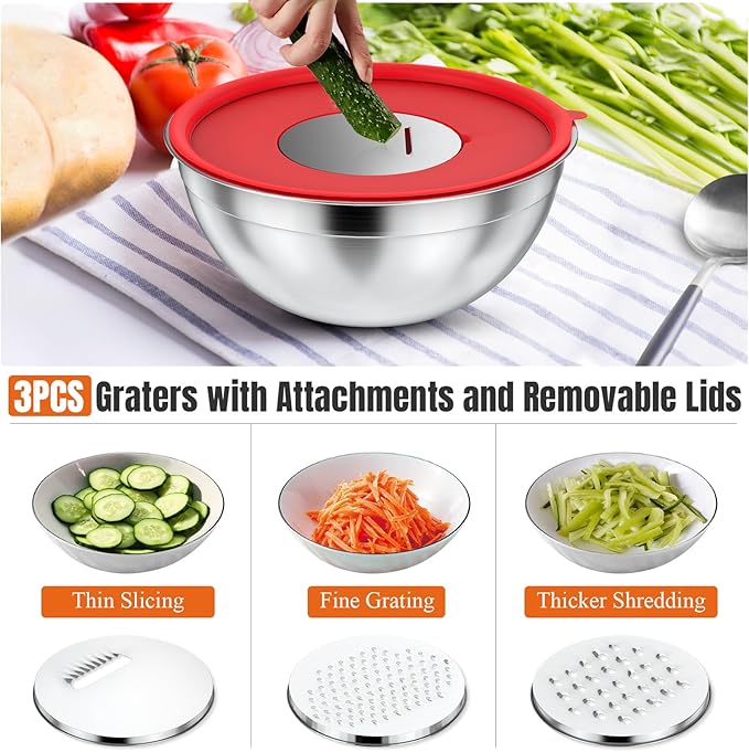 Mixing Bowls with Lids Set, 7 PCS Stainless Steel Mixing Bowls with 3 Grater Attachments, Size 4.5, 4, 3.5, 2.1, 1.5, 1.1, 0.7QT, Ideal for Kitchen Cooking Baking & Serving