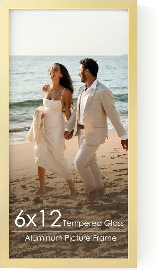6x12 Metal Picture Frame - Gold Aluminum Picture Frames with Real Glass, Wall Mounting Horizontally or Vertically, Simple and Elegant Decor for Wall Gallery Poster Photo 12x6 Frames, Gold
