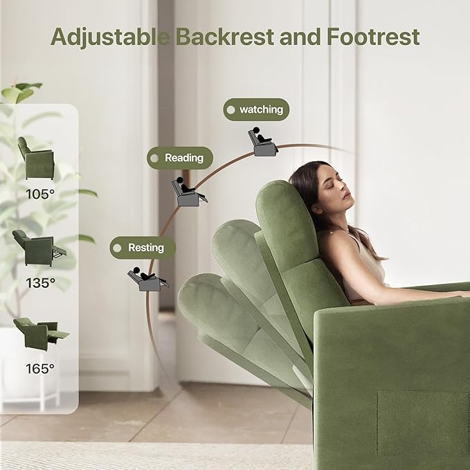 Claiks Power Recliner Chair for Adults, Adjustable Reclining Chair, Comfortable Recliner Couch with Side Pockets&Wire Remote Control, for Living Room, Home Theater, Bedroom, Linen Fabric, Green