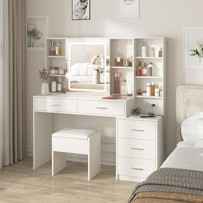 Fameill Vanity Desk with Mirror and Lights, Makeup Vanity with 5 Drawers, Makeup Desk with Charging Station and Ample Storage, Dressing Table with Chair for Bedroom Room (White)