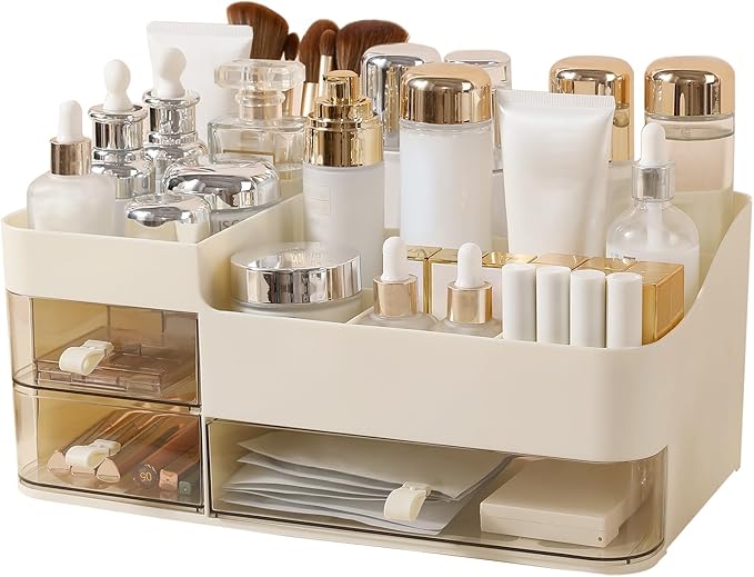 DASITON Makeup Organizer with 3 Drawers,Skincare and Cosmetics Organizer Countertop,Makeup Organizers and Storage with Brush Holder,Large Cosmetic Display Case for Vanity,Desk,Bathroom,Bedroom(Cream)