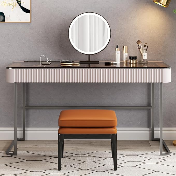 Lartis Makeup Vanity,Dresser Stool Set,Dresser,Computer Desk,partitioned Storage,Smart Socket,LED Makeup Mirror