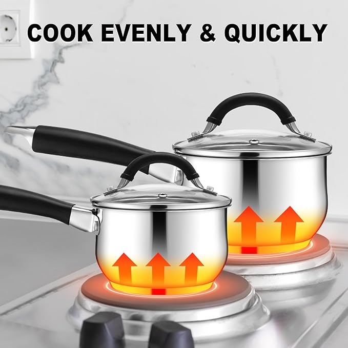 E-far 2 Quart Saucepan with Lid, Tri-Ply Base Stainless Steel Small Sauce Pan with Stay-Cool Handle, Non-toxic Kitchen Cooking Sauce Pot, Compatible with All Cooktops, Dishwasher Safe