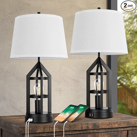 BesLowe 2-Light Farmhouse Touch Table Lamps, 3-Way Dimmable Bedside Lamps with 2 USB Ports for Bedroom, Rustic End Table Lamps for Living Room with White Shades, 4 LED Bulbs Included, Set of 2