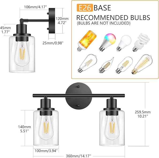 FOLKSMATE Bathroom Light Fixtures, 2 Light Matte Black Vanity Light, Vintage Wall Sconces Lighting, Modern Bath Wall Mounted Lights with Glass Shade