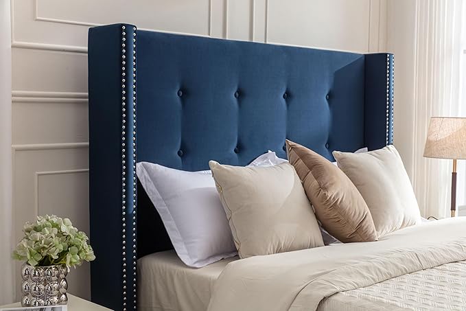 GDFStudio Tall Headboard Upholstered Bed,King Size Platform Bed Frame with Headboard Nailhead Trim Wingback,54" High No Box Spring Needed Easy Assembly Traditional Hand Buttoned Tufting Blue Velvet