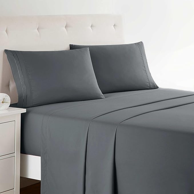 Clara Clark Bed Sheets, Premier 1800 Series 4 Piece Bed Sheet Set, Deep Pocket, Wrinkle, Fade, Stain Resistant, Luxury Soft Bedding Sheets & Pillowcases, Twin, Charcoal Gray
