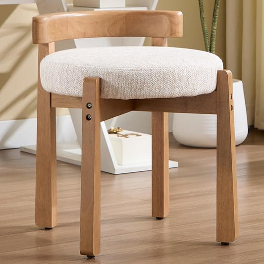 DUOMAY Modern Chenille Vanity Stool, Upholstered Low Back Ottoman with Solid Wood Legs Cute Round Footrest Makeup Stool Dressing Seat for Living Room Bedroom, Beige